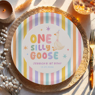 Colorful One Silly Goose Girl 1st Birthday Paper Plates