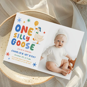 Colorful One Silly Goose Kids First Birthday Photo Invitation