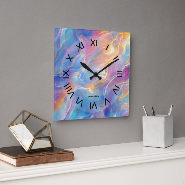 Colorful opal swirly flowing marble texture square wall clock (Office)