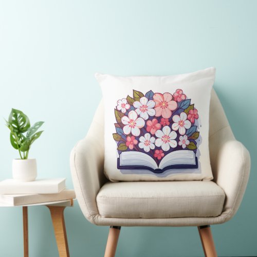 Colorful Open Book with Flowers Throw Pillow