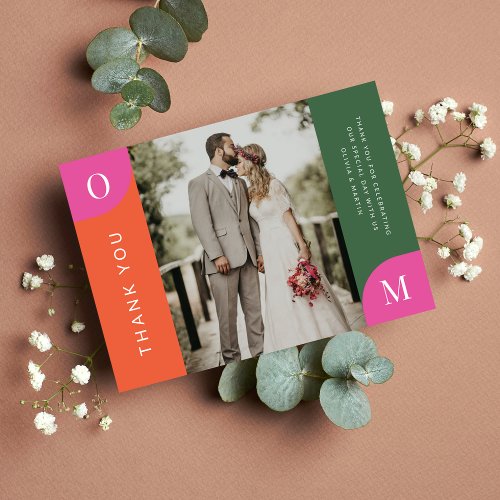 Colorful Orange and Pink Bold Bright Photo Wedding Thank You Card