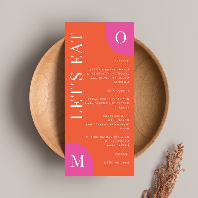 Colorful Orange And Pink Wedding Bold Bright Menu (This colorful menu is the perfect addition to a bright and fun wedding celebration)