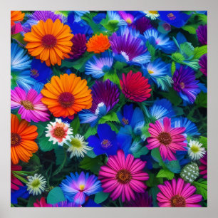 Colorful Orange Blue and Red Flowers Poster