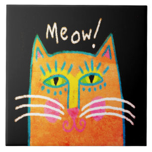 Colorful Orange Cat Abstract Art Ceramic Tile
