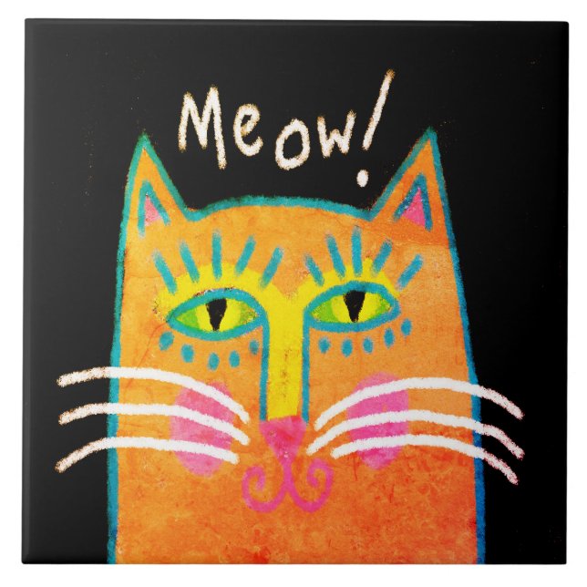 Colorful Orange Cat Abstract Art Ceramic Tile (Front)