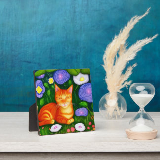 Colorful Orange Cat in Flower Garden  Plaque
