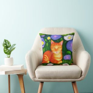 Colorful Orange Cat in Flower Garden Throw Pillow