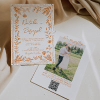 Colorful Orange Drawn Floral Photo QR Code Wedding