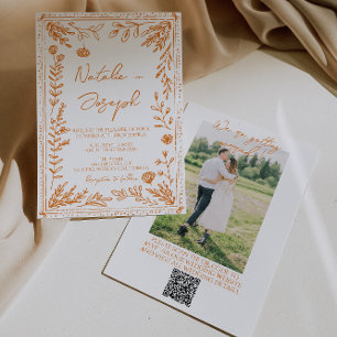 Colorful Orange Drawn Floral Photo QR Code Wedding Invitation