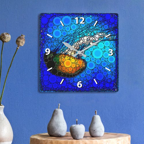 Colorful orange jellyfish blue ocean bold modern square wall clock