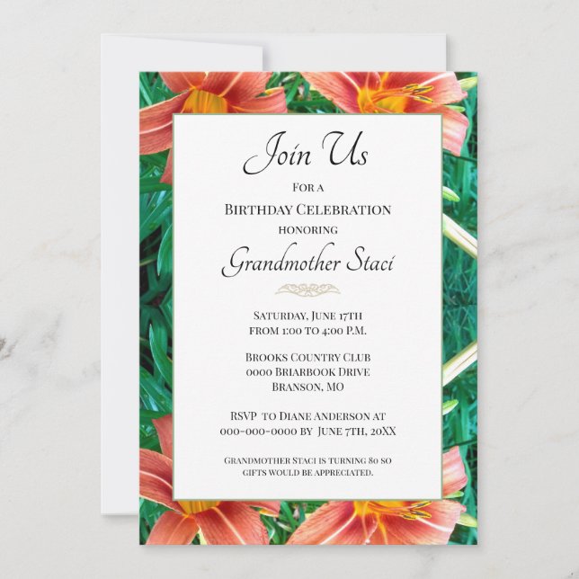 Colorful Orange Lilly Grandmother Birthday Floral  Invitation (Front)