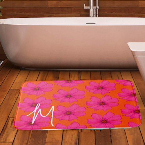Colorful Orange Pink Floral Modern Monogram Bath Mat