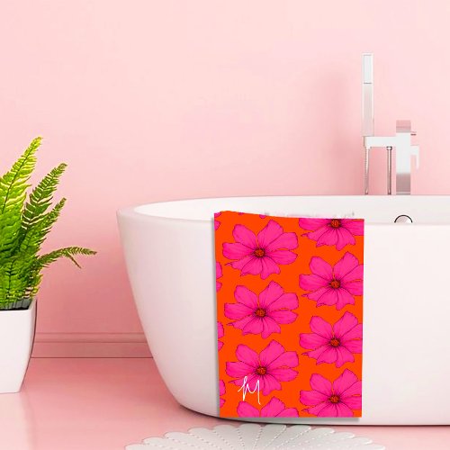 Colorful Orange Pink Floral Modern Monogram Bath Towel Set