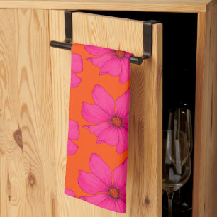 Colorful Orange Pink Floral Modern Monogram Kitchen Towel
