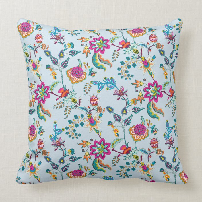 Colorful Orange Purple Teal Floral Chintz on Blue Throw Pillow