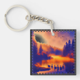 Colorful Orange Sunset With Ducks On A Pond Keychain