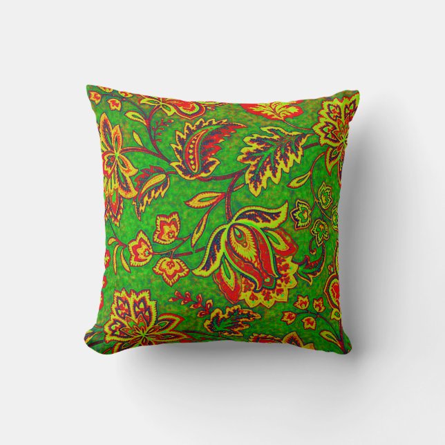 Colorful Orante Retro Flower-Green Background Throw Pillow (Front)