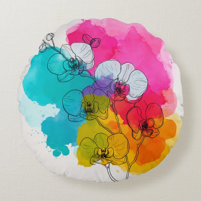 Colorful Orchid Floral Round Throw Pillow (Front)