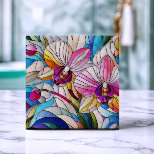Colorful Orchid Flower Mosaic Art Ceramic Tile