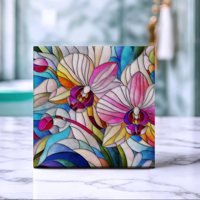 Colorful Orchid Flower Mosaic Art Ceramic Tile (Creator Uploaded)