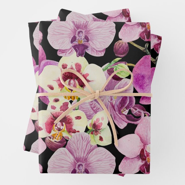 Colorful Orchid Flower Pattern Wrapping Paper Sheets (In situ)