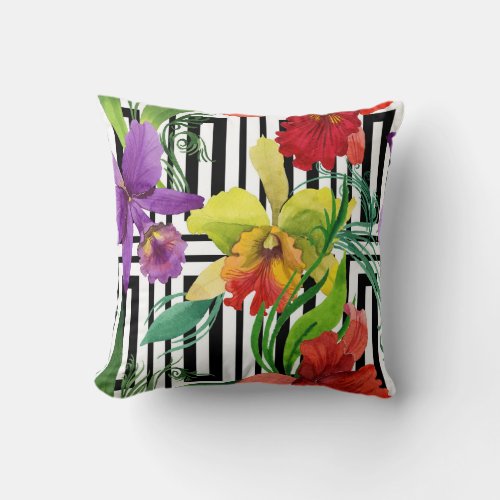 Colorful Orchid Flowers Watercolor Pattern Throw Pillow