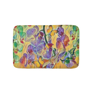 Colorful orchids flower butterflies watercolor bath mat