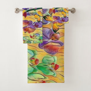 Colorful orchids flower butterflies watercolor bath towel set