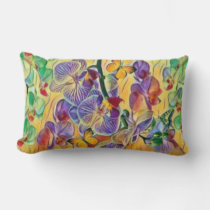 Colorful orchids flower butterflies watercolor lumbar pillow