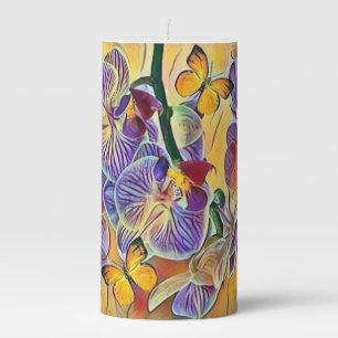 Colorful orchids flower butterflies watercolor pillar candle