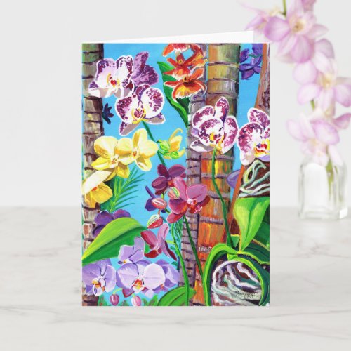 Colorful Orchids with Palm Trees Card