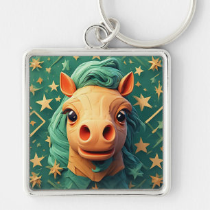 Colorful Origami Horse Art with Starry Background Keychain