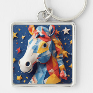 Colorful Origami Horse Art with Starry Background Keychain