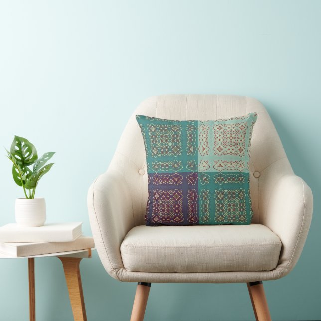 Colorful Ornamental Folk-Inspired Throw Pillow (Chair)