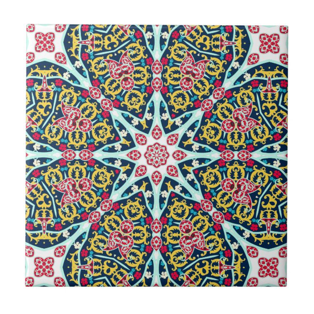 Colorful Ornamental Rosette Mandala Art Ceramic Tile (Front)