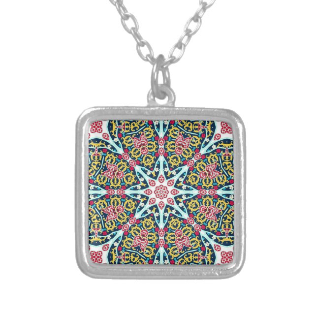 Colorful Ornamental Rosette Mandala Art Silver Plated Necklace (Front)