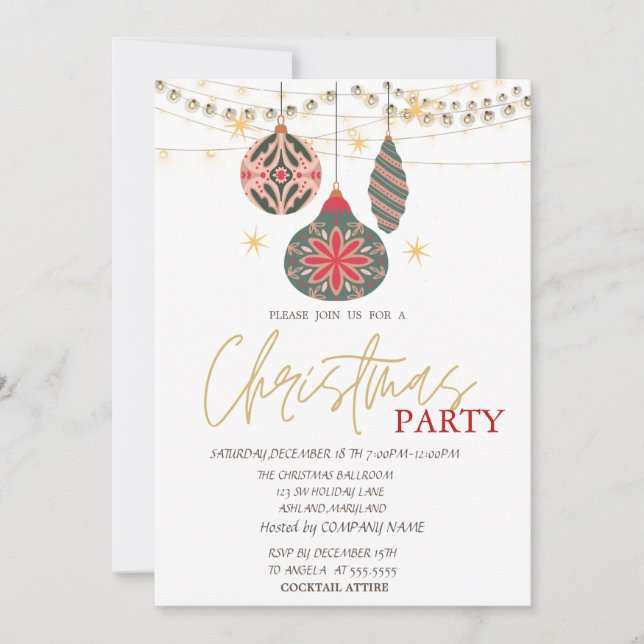 Colorful Ornaments String Lights Red Christmas  Invitation (Front)