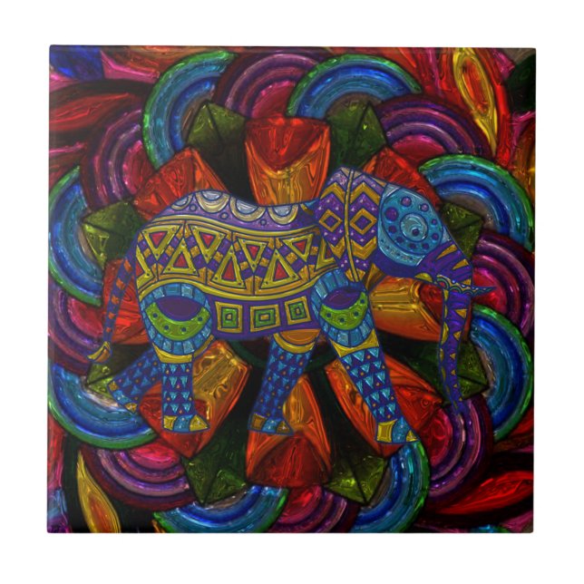 Colorful Ornate Elephant and Mandala Ceramic Tile (Front)