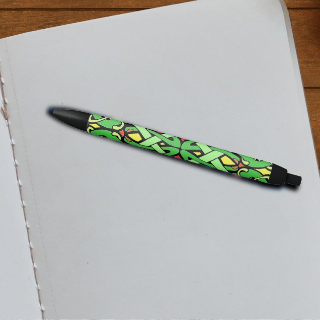 Colorful Ornate Irish Celtic Knot Pen (Abstract green, red black Celtic Irish knot design on writing pen.)