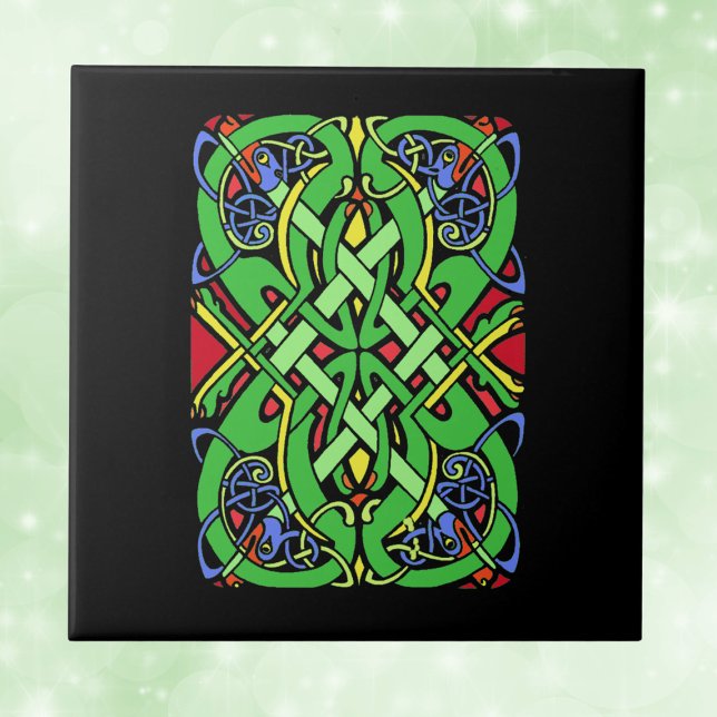 Colorful Ornate Irish Celtic Knot Tile (Ornate green blue red Celtic Irish Knot with snake heads on black decorative ceramic tile.)
