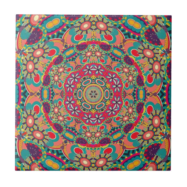 Colorful Ornate Kaleidoscope Mandala Pattern Ceramic Tile (Front)