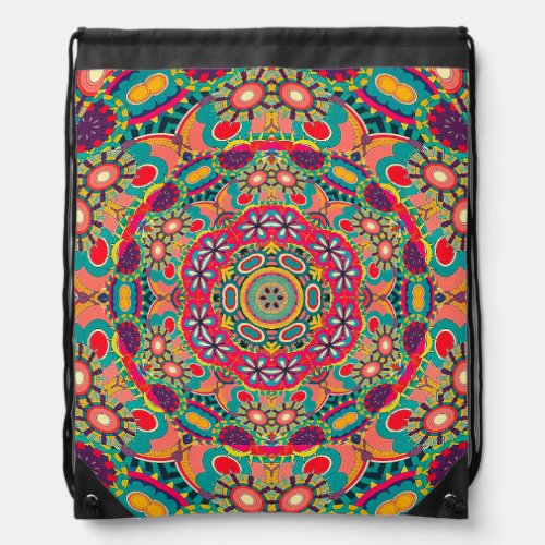 Colorful Ornate Kaleidoscope Mandala Pattern Drawstring Bag
