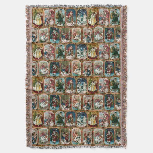 Colorful Ornate Victorian Christmas Card Collage Throw Blanket