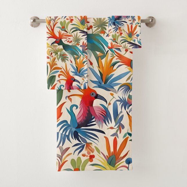 Colorful Otomi Birds Pattern  Bath Towel Set (Insitu)