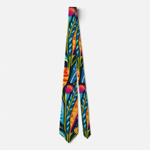 Colorful Otomi Floral Art Neck Tie
