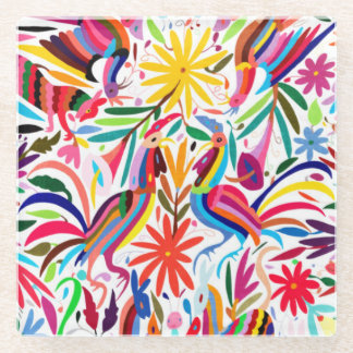 Colorful Otomi Print, Floral/Animal Pattern Glass Coaster