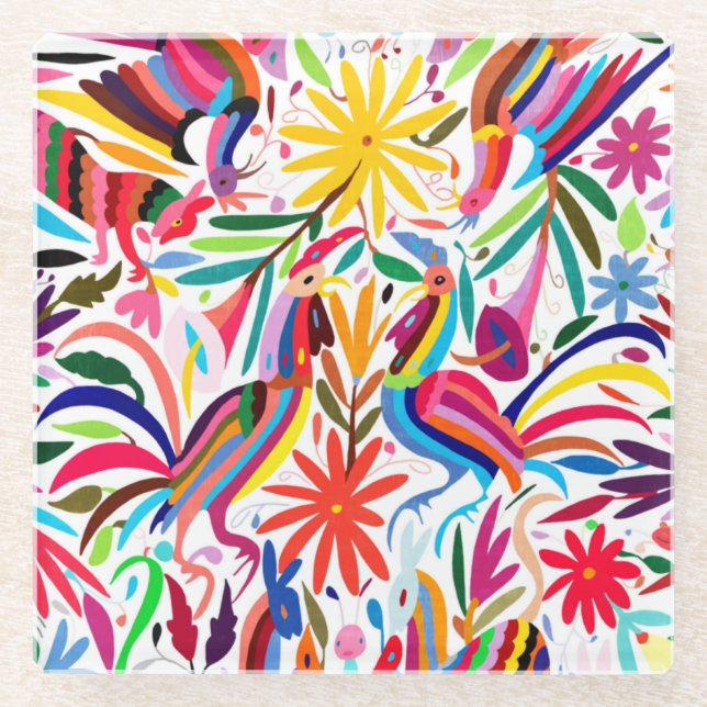Colorful Otomi Print, Floral/Animal Pattern Glass Coaster (Front)