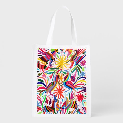 Colorful Otomi Print FloralAnimal Pattern Grocery Bag