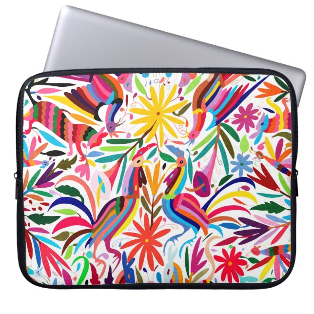 Colorful Otomi Print, Floral/Animal Pattern Laptop Sleeve (Front)