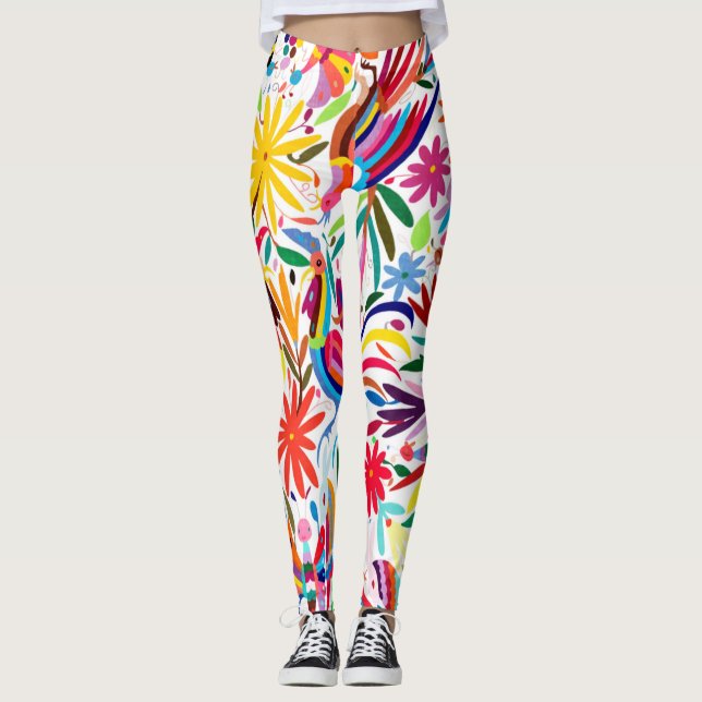 Colorful Otomi Print, Floral/Animal Pattern Leggings (Front)